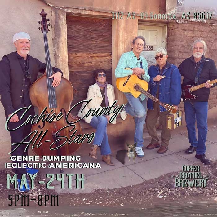 Image of the band Cochise County All-Stars, promoting a live show at Copper Brothel Brewery, Sonoita, AZ