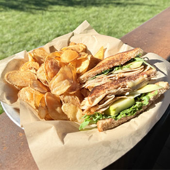 Roasted turkey breast and brie on toasted wheat bread with a cranberry tarragon aioli, granny smith apples and arugula