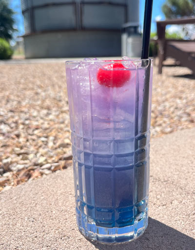 In highball glass, fill with ice and add gin. Fill glass with lemonade and add purple and black edible glitter. Then slowly pour Blue Caracao down the side of the glass so it sinks to the bottom.